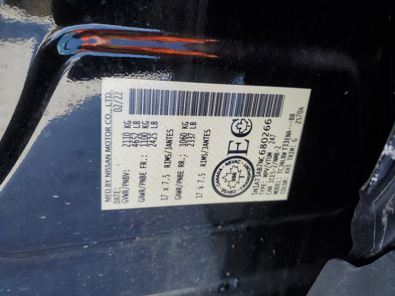2022 NISSAN ROGUE S VIN:5N1AT3AB7NC680266