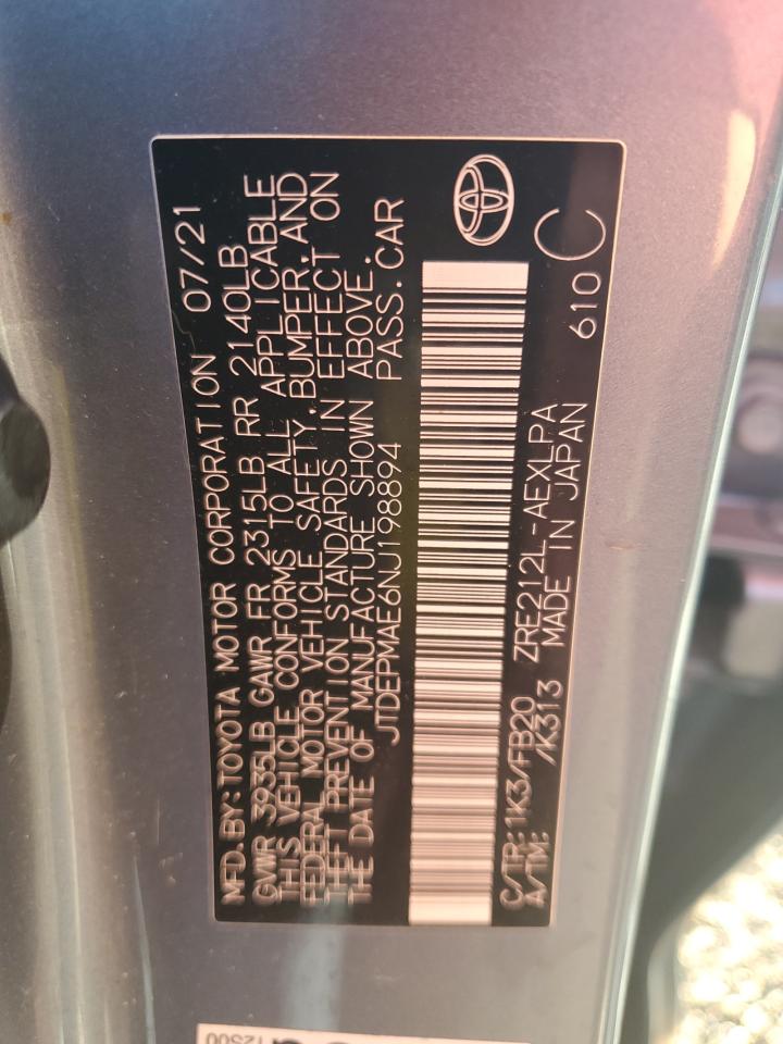 2022 TOYOTA COROLLA LE VIN:JTDEPMAE6NJ198894