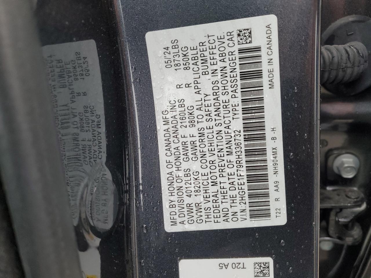 2024 HONDA CIVIC EX VIN:2HGFE1F79RH336732