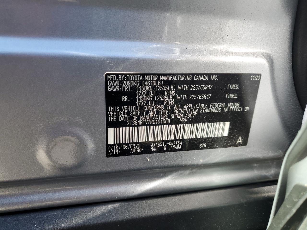 2024 TOYOTA RAV4 LE VIN:2T3G1RFV7RC404068