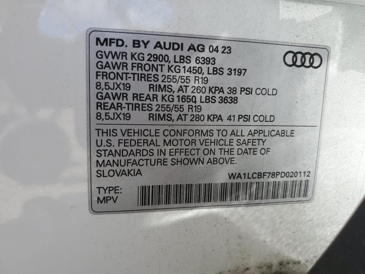 2023 AUDI Q7 PREMIUM PLUS VIN:WA1LCBF78PD020112