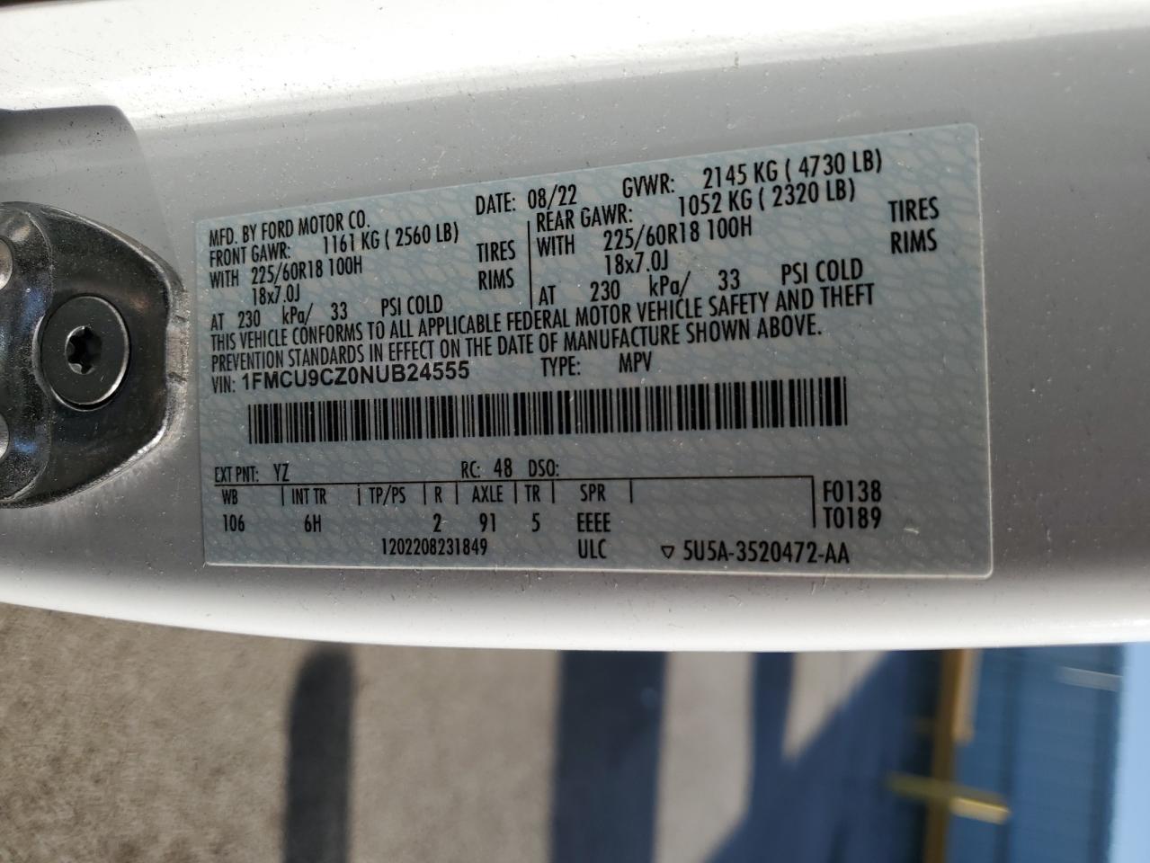 2022 FORD ESCAPE SEL VIN:1FMCU9CZ0NUB24555