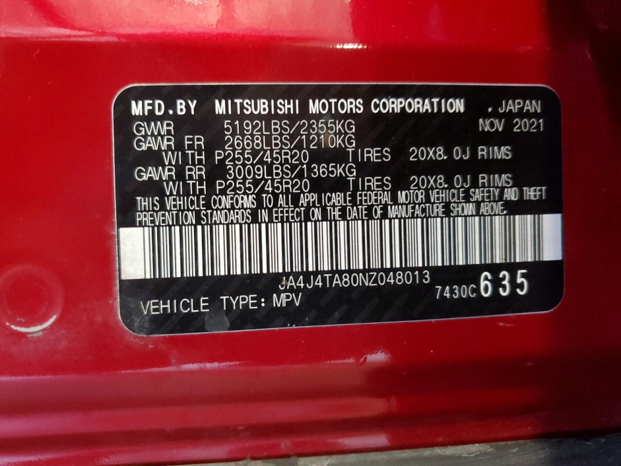 2022 MITSUBISHI OUTLANDER ES VIN:JA4J4TA80NZ048013