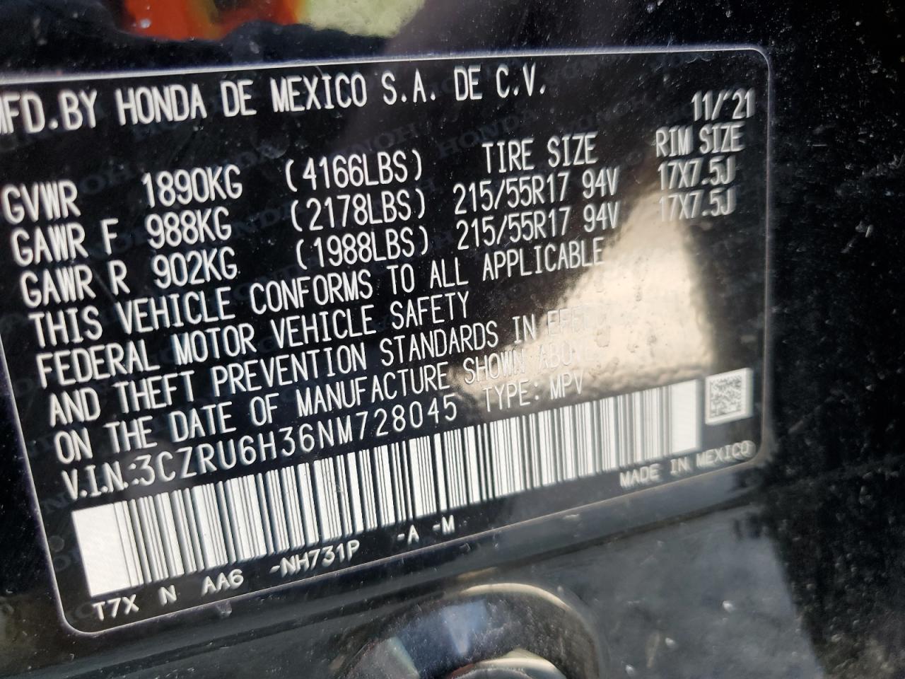 2022 HONDA HR-V LX VIN:3CZRU6H36NM728045