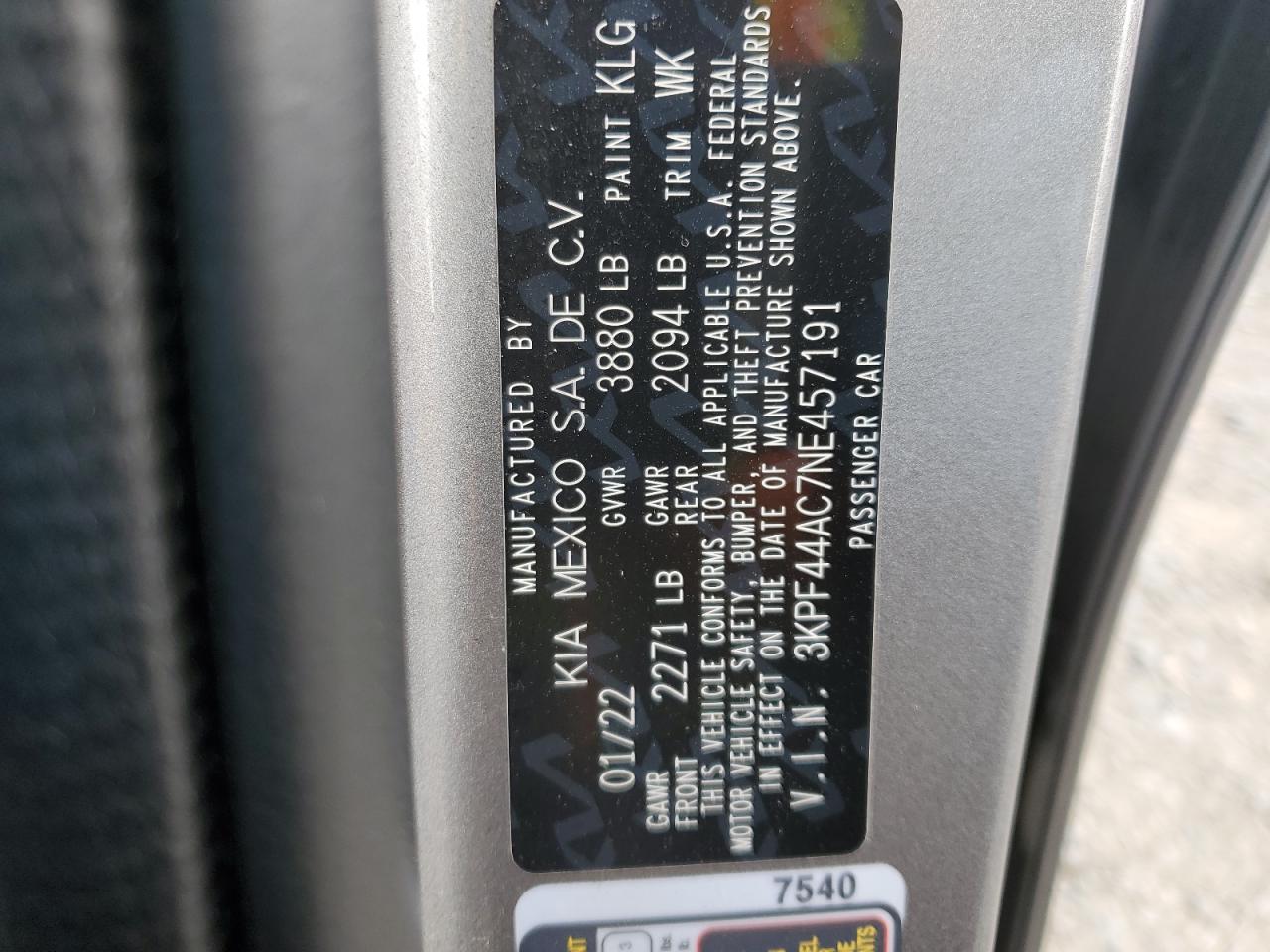 2022 KIA FORTE GT VIN:3KPF44AC7NE457191