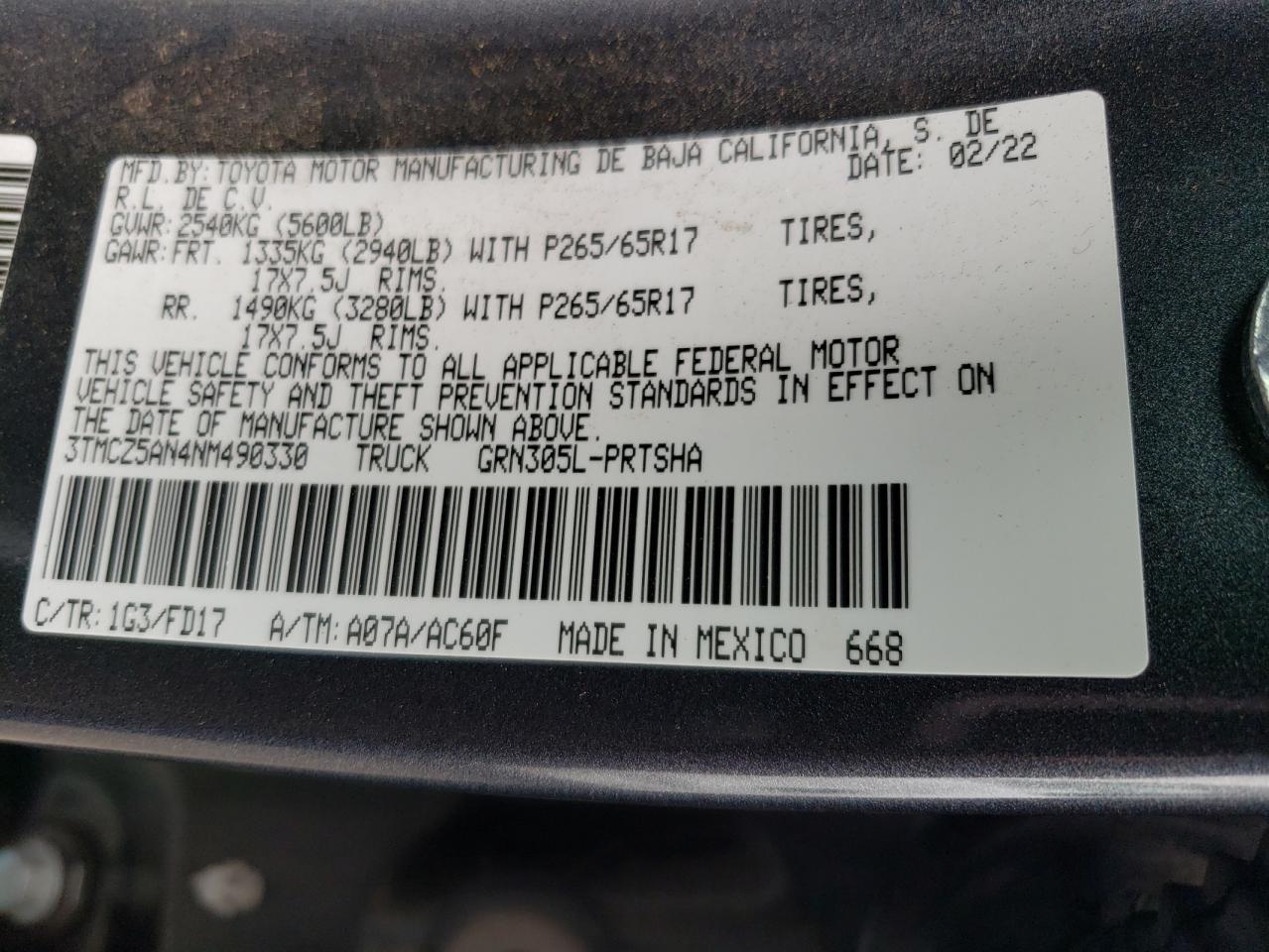 2022 TOYOTA TACOMA DOUBLE CAB VIN:3TMCZ5AN4NM490330