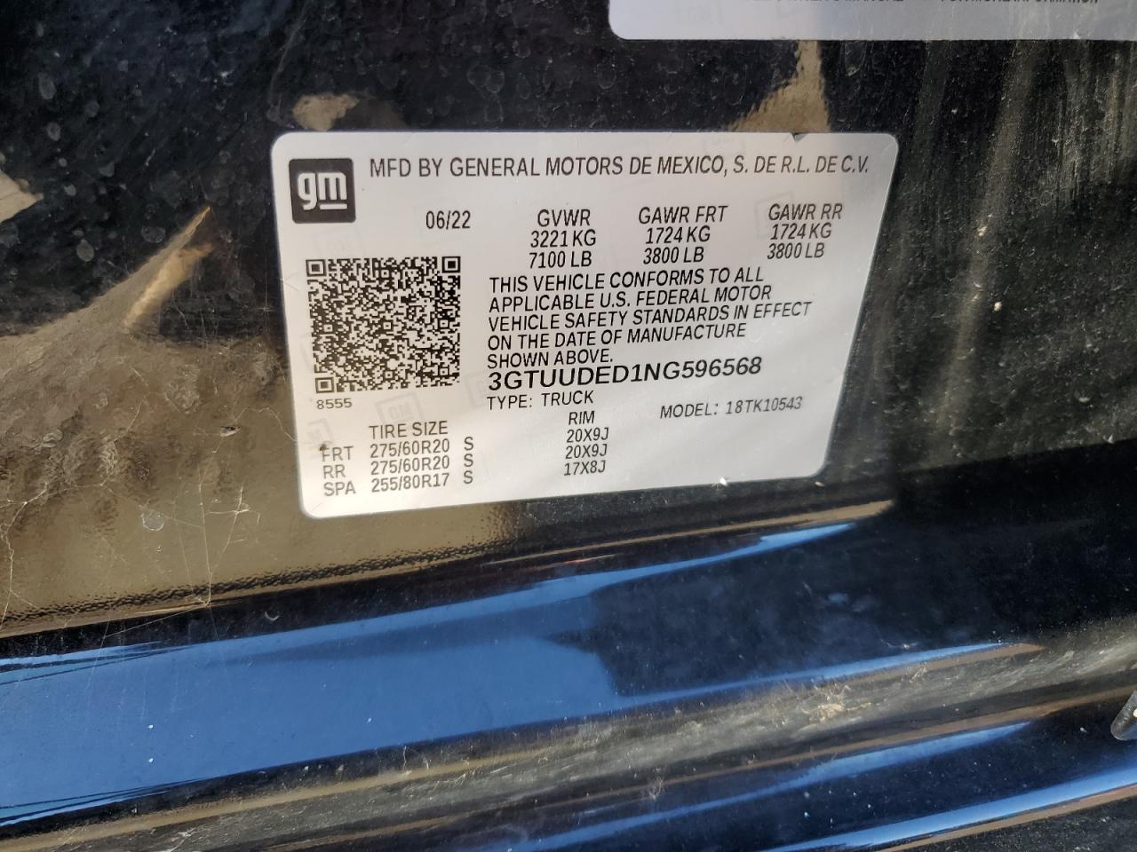 2022 GMC SIERRA K1500 SLT VIN:3GTUUDED1NG596568