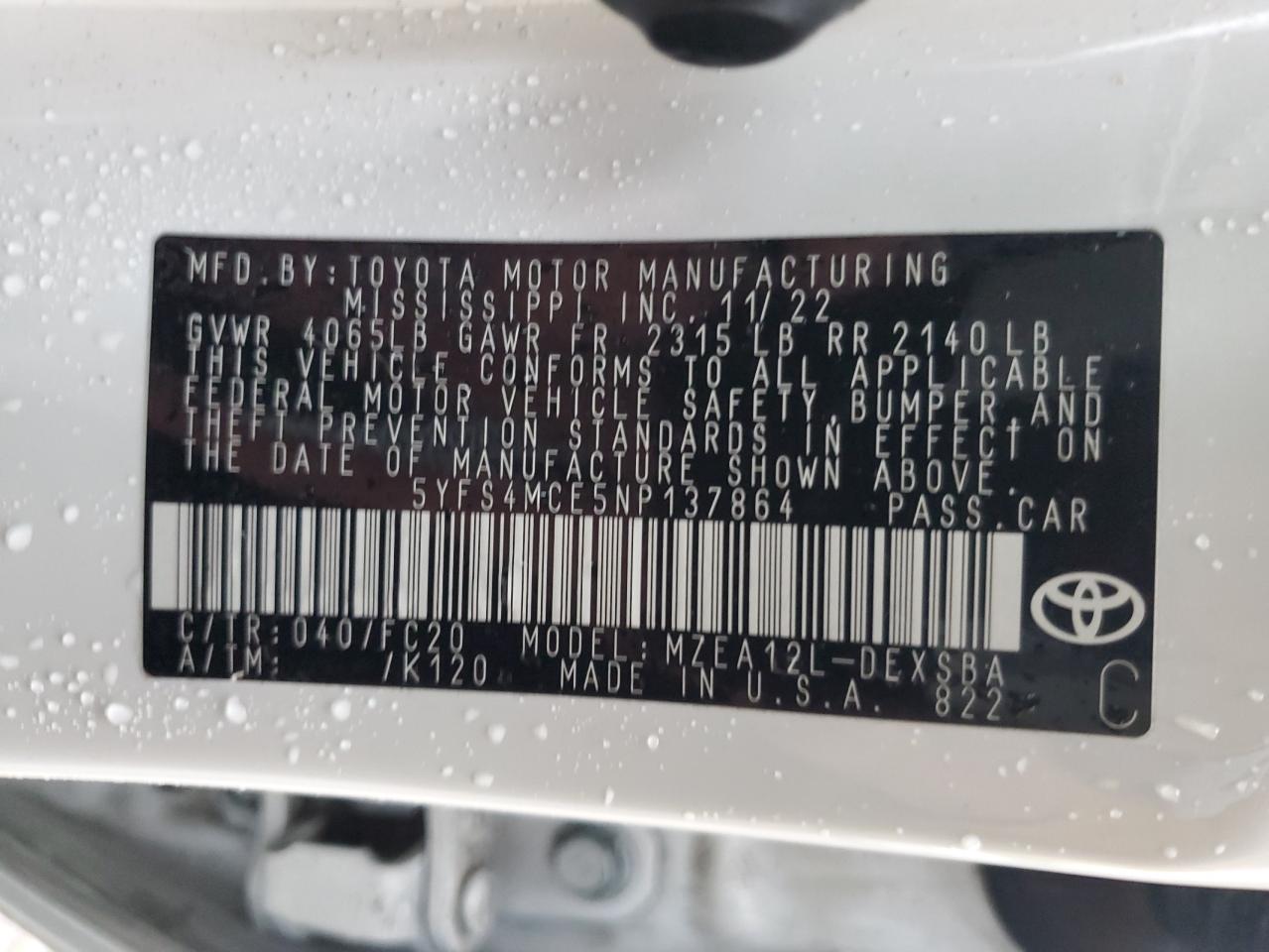 2022 TOYOTA COROLLA SE VIN:5YFS4MCE5NP137864