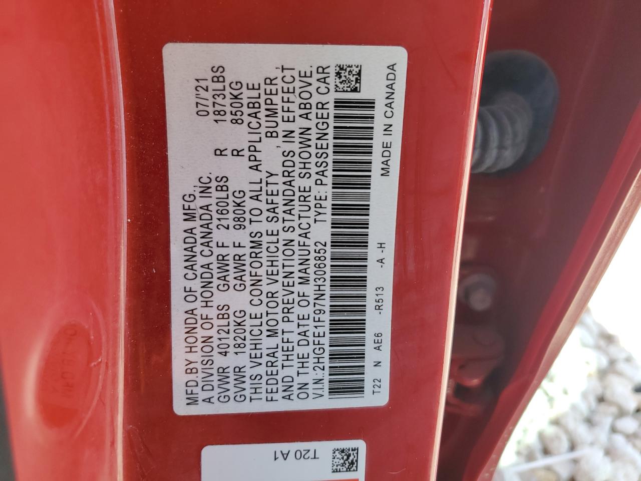 2022 HONDA CIVIC TOURING VIN:2HGFE1F97NH306852