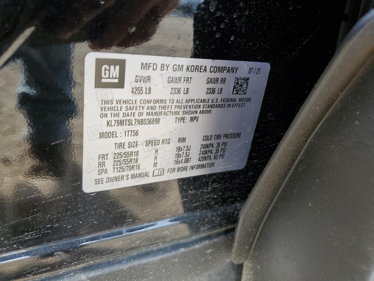 2022 CHEVROLET TRAILBLAZER RS VIN:KL79MTSL7NB036698