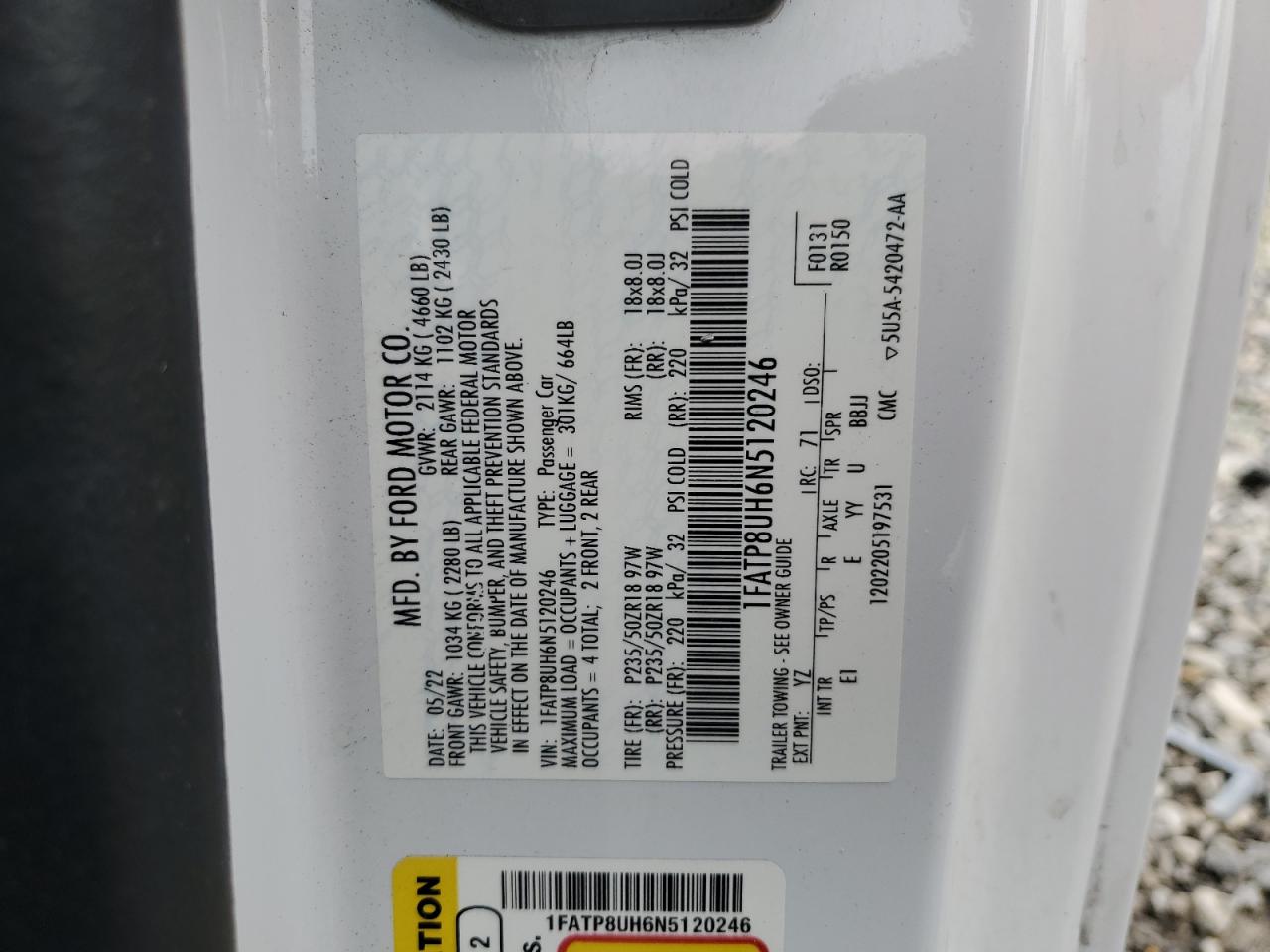 2022 FORD MUSTANG VIN:1FATP8UH6N5120246