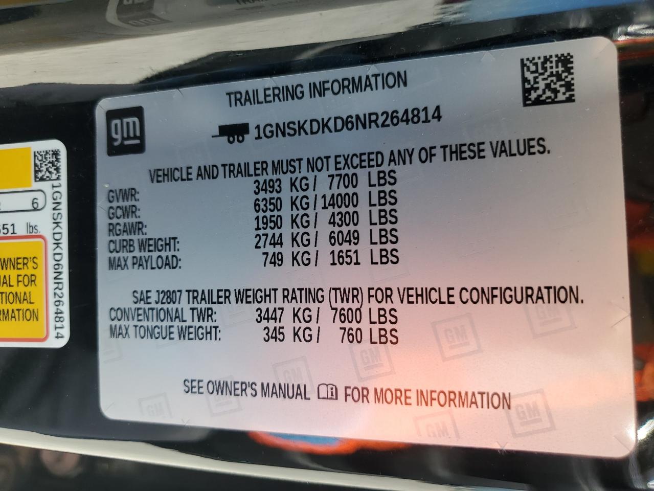 2022 CHEVROLET SUBURBAN K1500 Z71 VIN:1GNSKDKD6NR264814