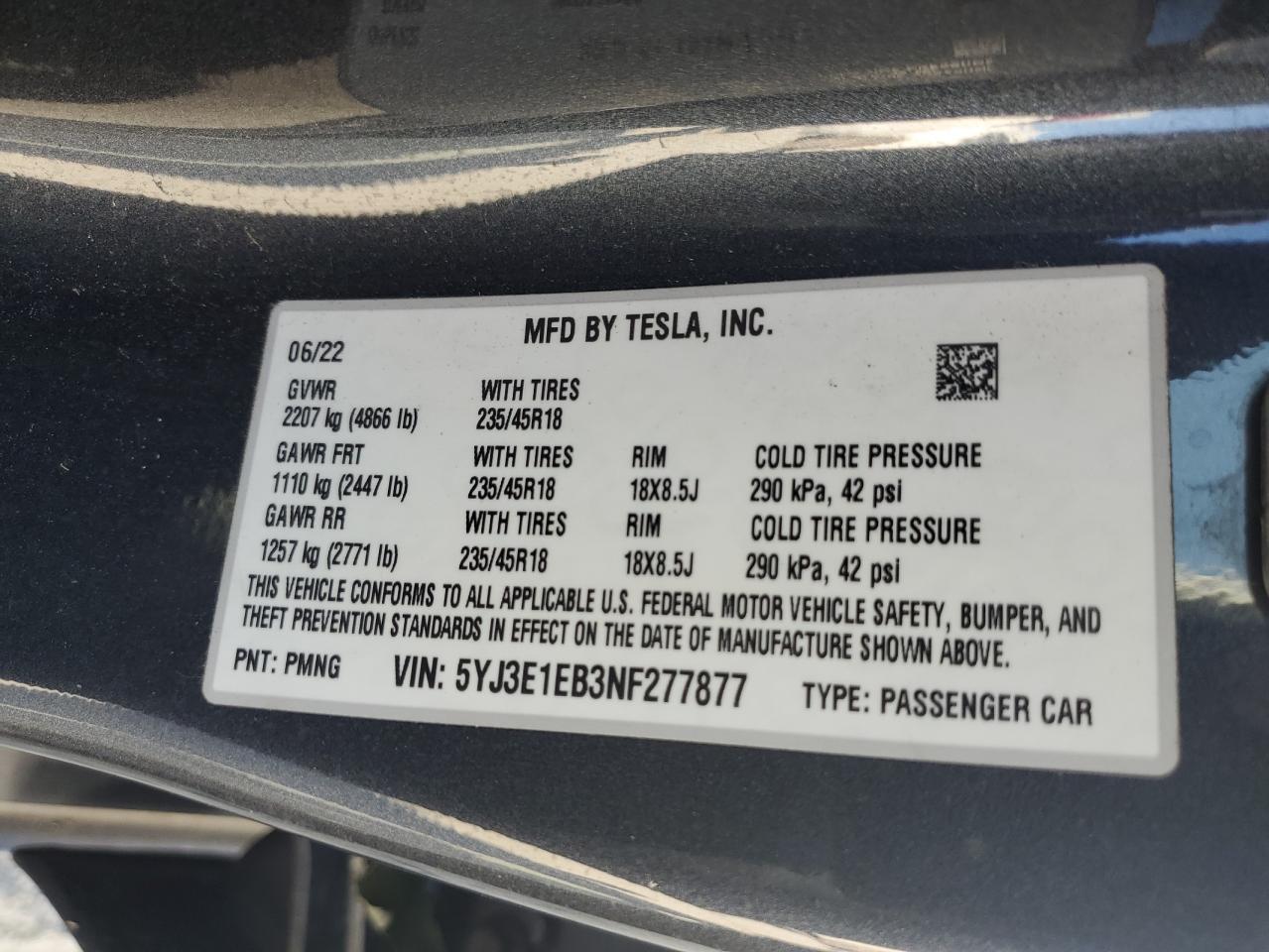2022 TESLA MODEL 3 VIN:5YJ3E1EB3NF277877