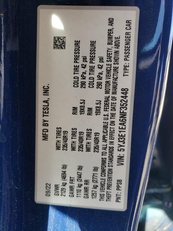 2022 TESLA MODEL 3 VIN:5YJ3E1EA6NF352448