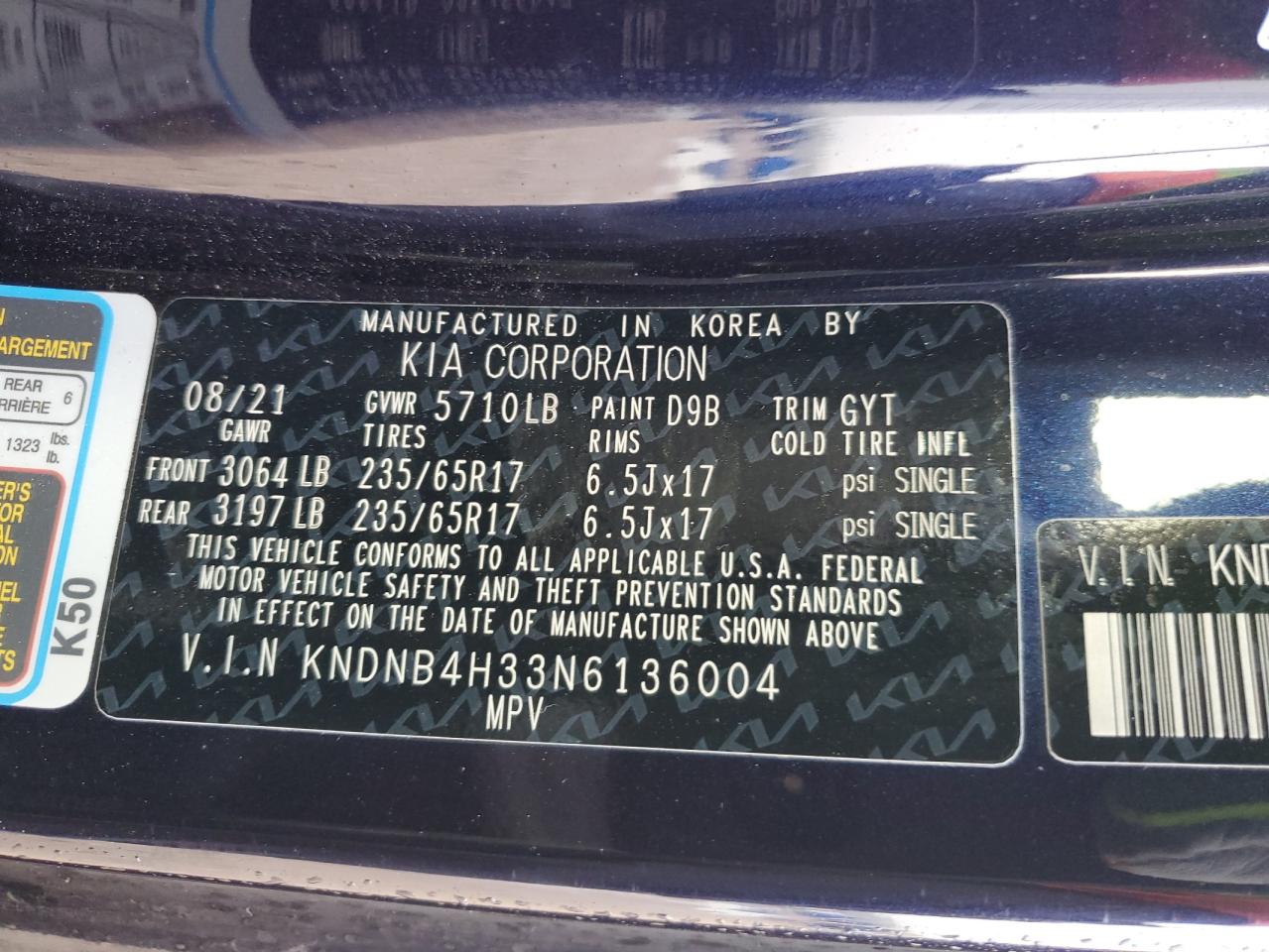 2022 KIA CARNIVAL LX VIN:KNDNB4H33N6136004