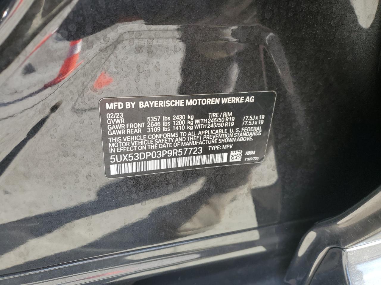 2023 BMW X3 XDRIVE30I VIN:5UX53DP03P9R57723