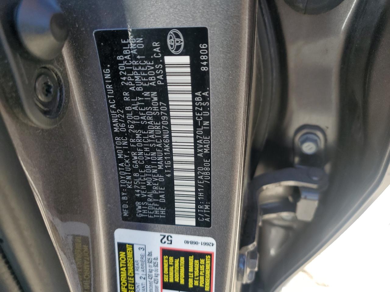 2022 TOYOTA CAMRY SE VIN:4T1G11AK6NU709707