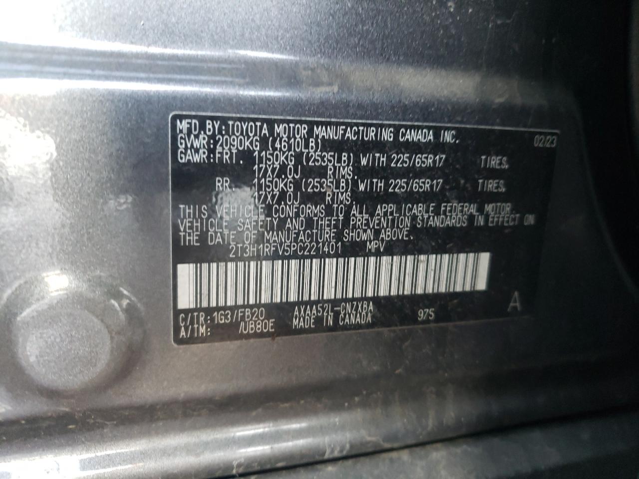 2023 TOYOTA RAV4 LE VIN:2T3H1RFV5PC221401