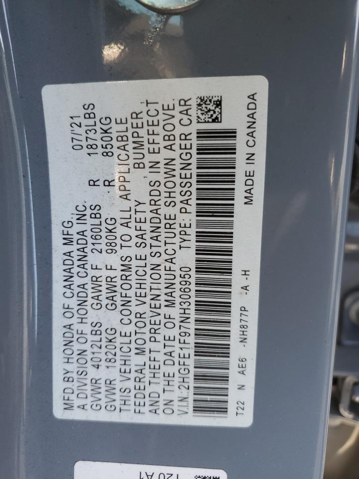 2022 HONDA CIVIC TOURING VIN:2HGFE1F97NH306950