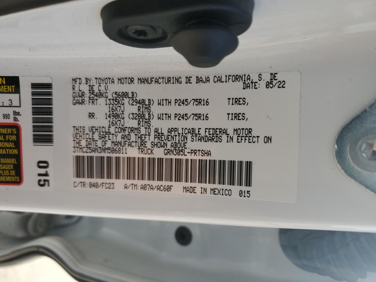 2022 TOYOTA TACOMA DOUBLE CAB VIN:3TMCZ5AN3NM506811