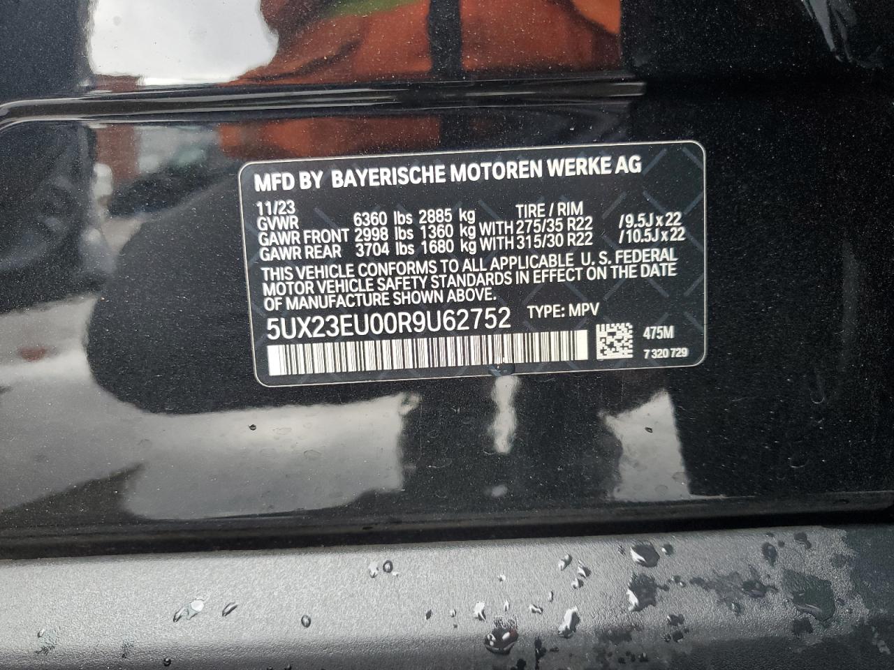 2024 BMW X5 XDRIVE40I VIN:5UX23EU00R9U62752