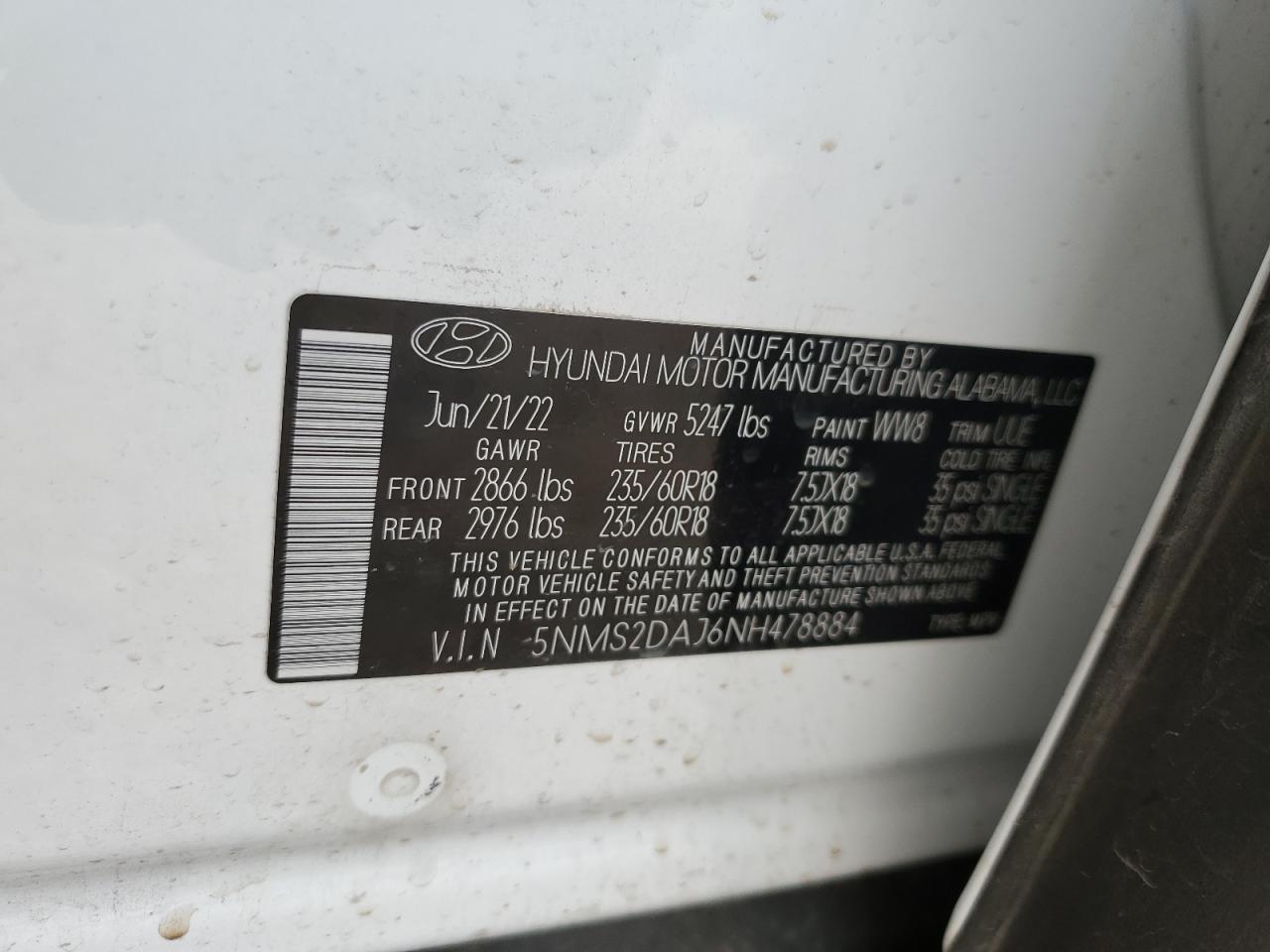 2022 HYUNDAI SANTA FE SEL VIN:5NMS2DAJ6NH478884