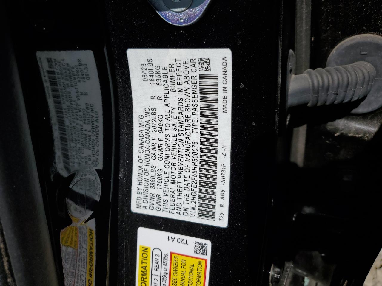 2024 HONDA CIVIC SPORT VIN:2HGFE2F55RH500076