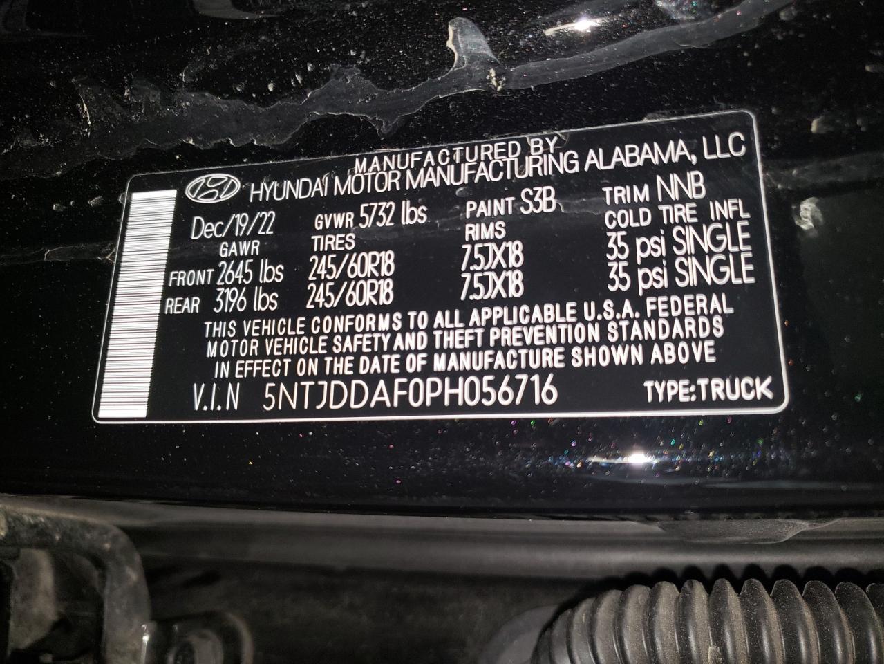 2023 HYUNDAI SANTA CRUZ SEL PREMIUM VIN:5NTJDDAF0PH056716