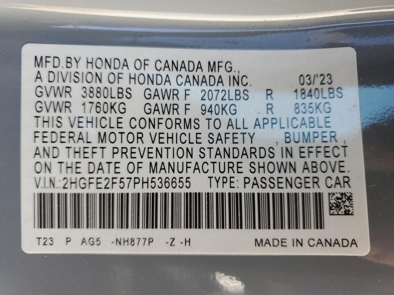 2023 HONDA CIVIC SPORT VIN:2HGFE2F57PH536655