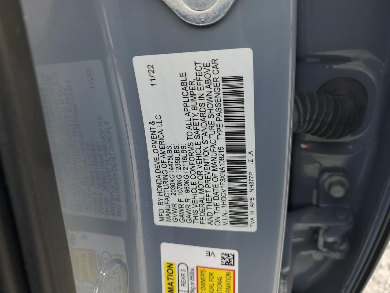 2022 HONDA ACCORD SPORT VIN:1HGCV1F3XNA108215