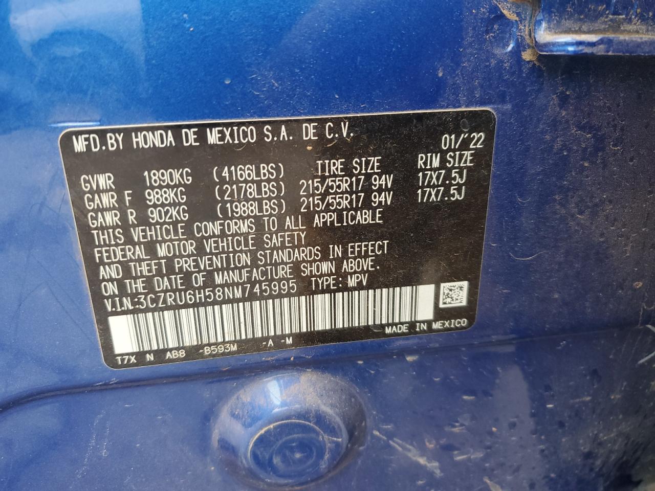 2022 HONDA HR-V EX VIN:3CZRU6H58NM745995