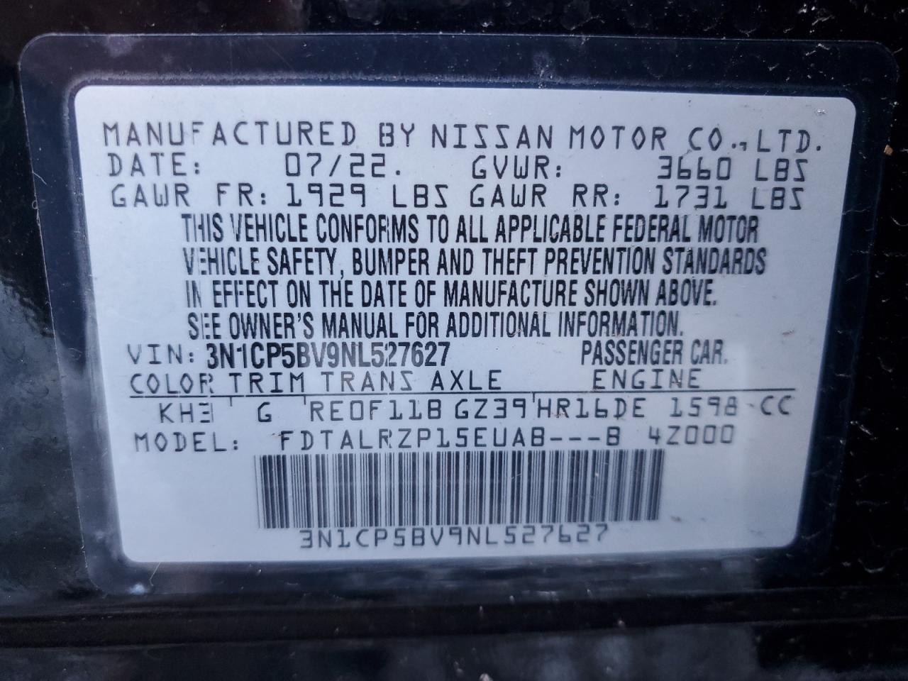 2022 NISSAN KICKS S VIN:3N1CP5BV9NL527627