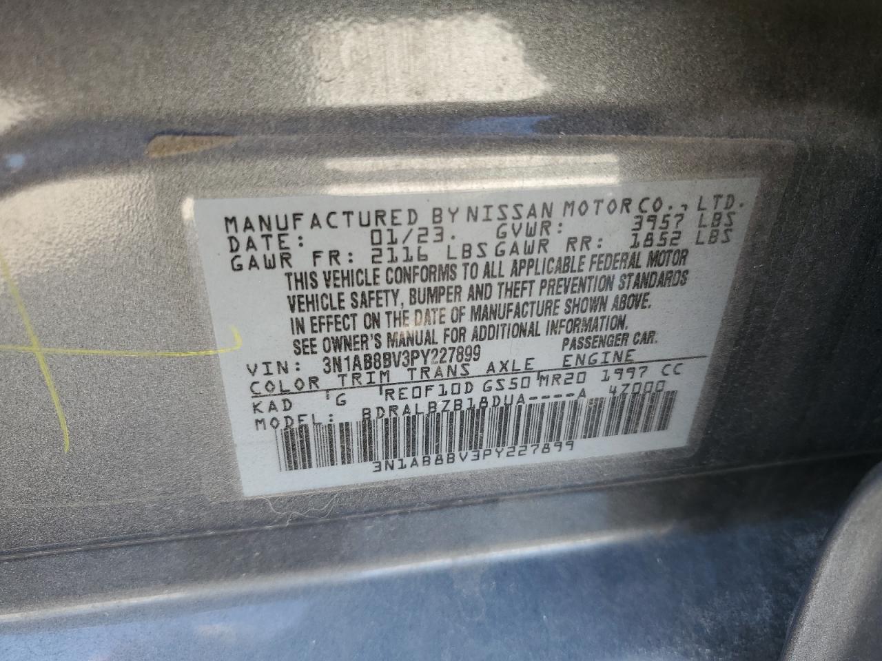 2023 NISSAN SENTRA S VIN:3N1AB8BV3PY227899