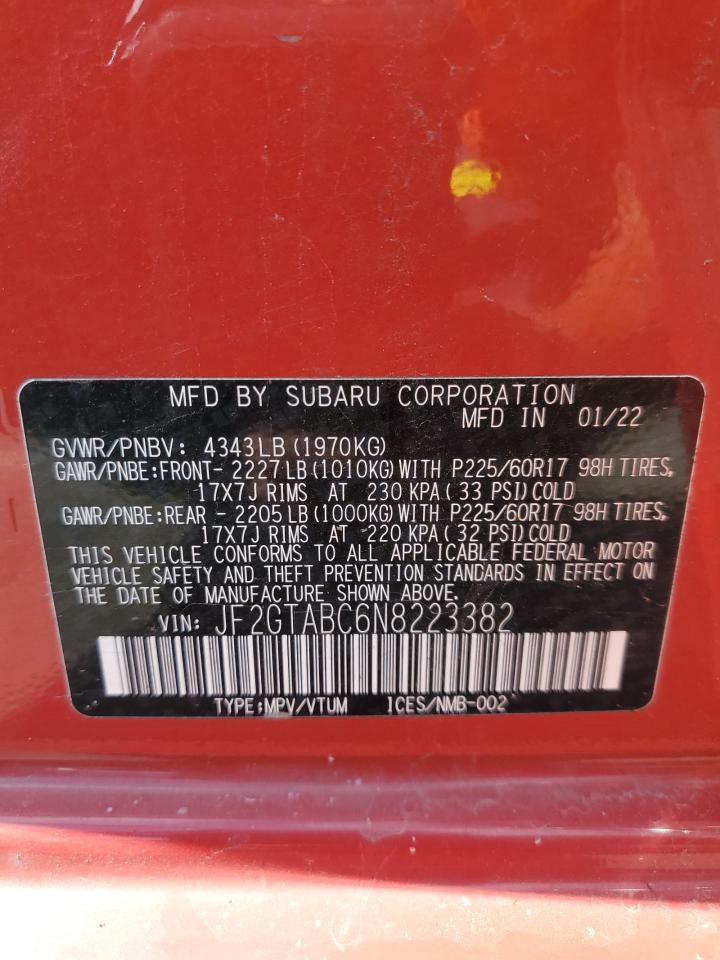 2022 SUBARU CROSSTREK VIN:JF2GTABC6N8223382