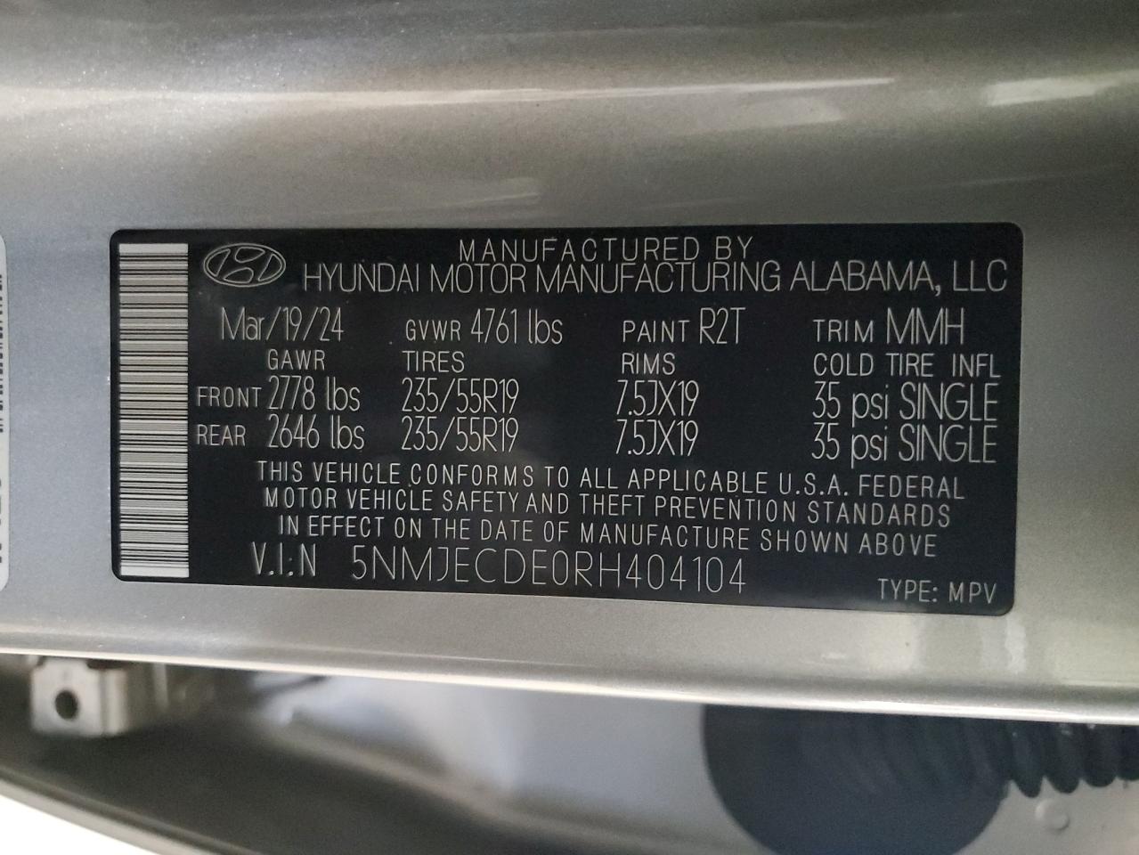 2024 HYUNDAI TUCSON LIMITED VIN:5NMJECDE0RH404104