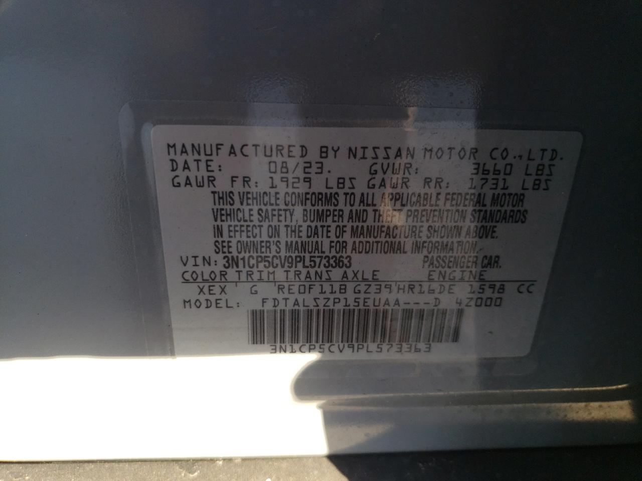 2023 NISSAN KICKS SV VIN:3N1CP5CV9PL573363
