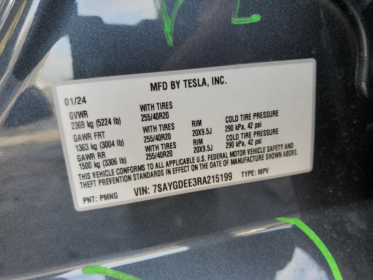 2024 TESLA MODEL Y VIN:7SAYGDEE3RA215199