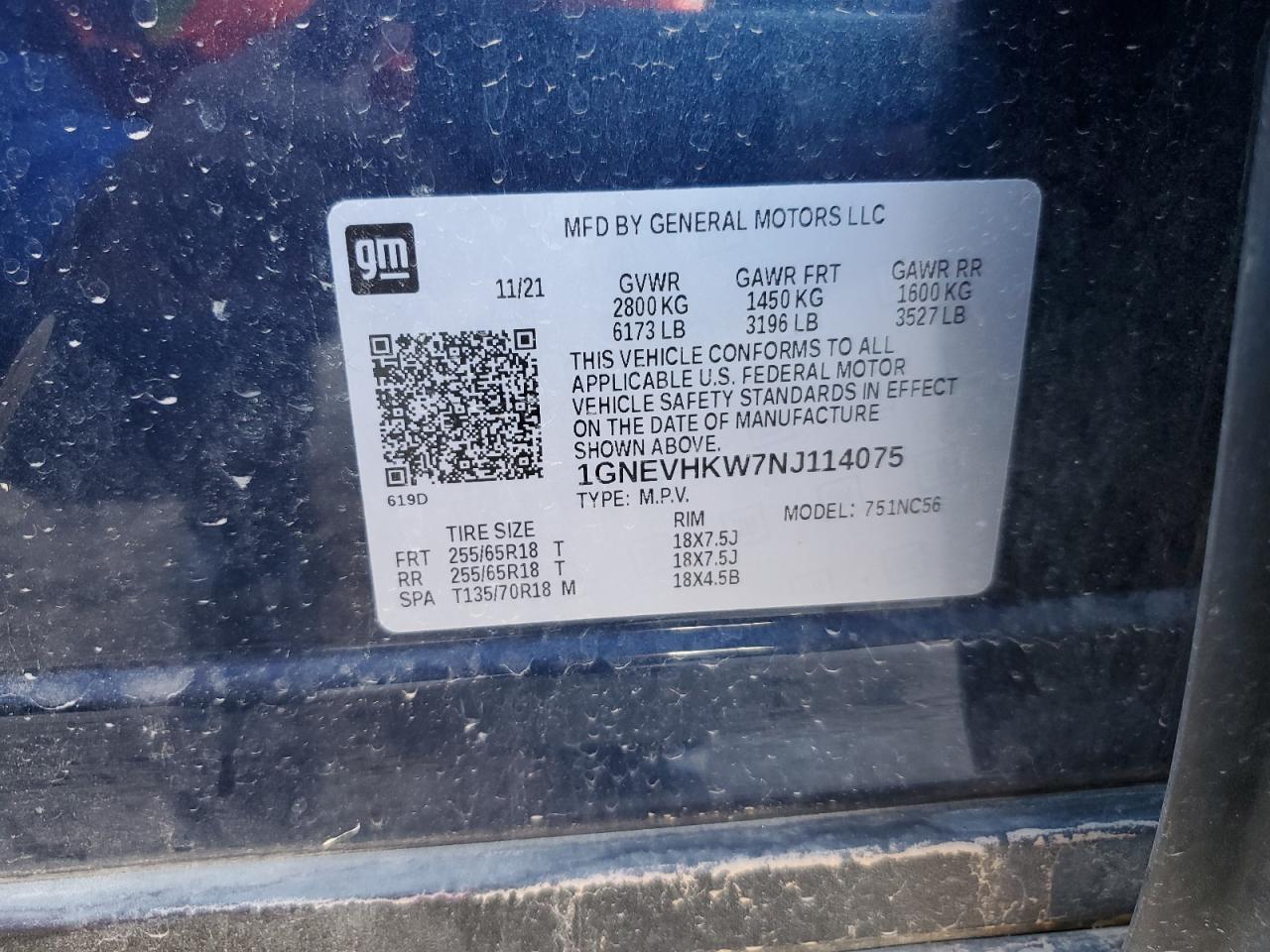 2022 CHEVROLET TRAVERSE LT VIN:1GNEVHKW7NJ114075