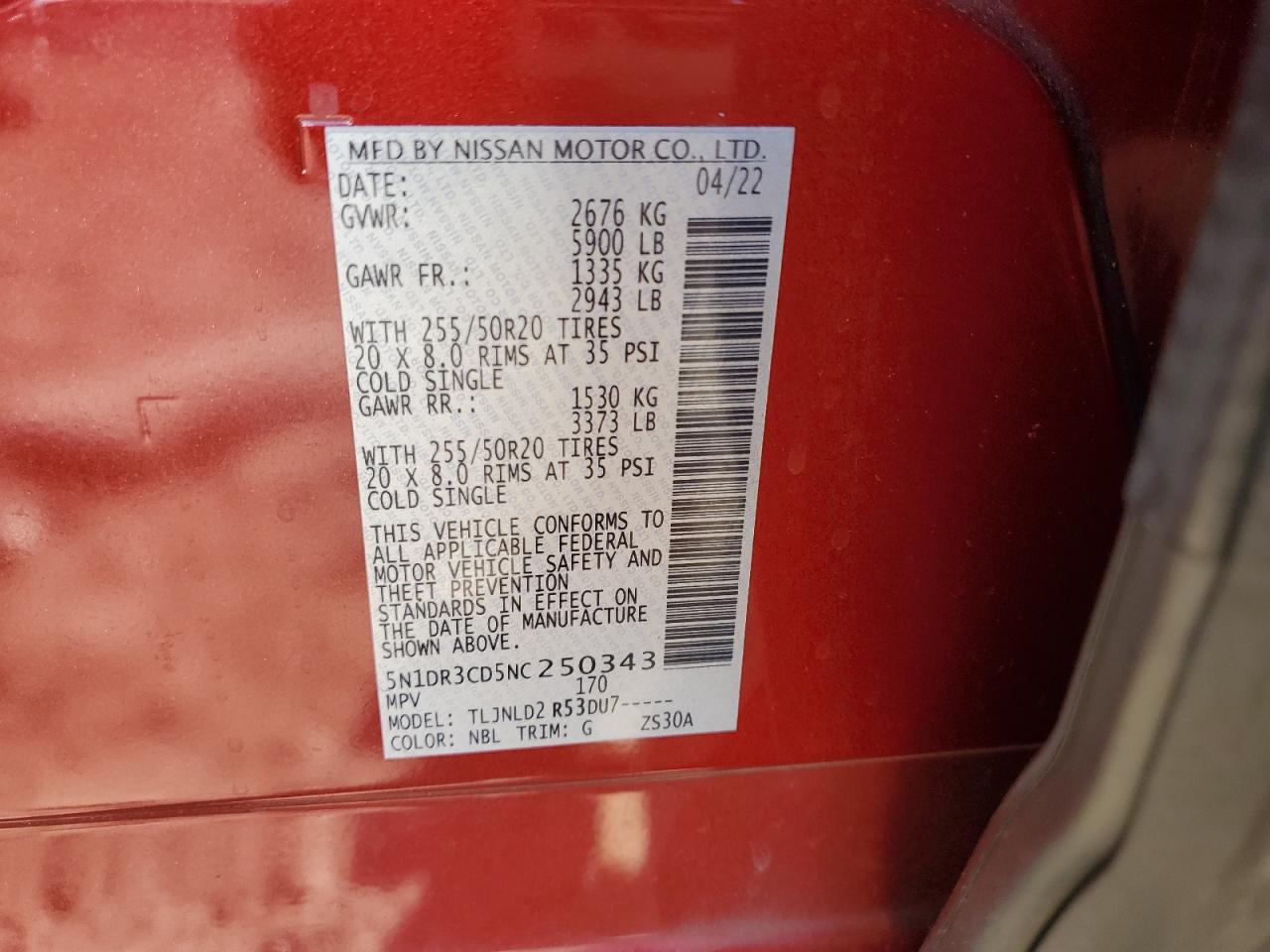 2022 NISSAN PATHFINDER SL VIN:5N1DR3CD5NC250343