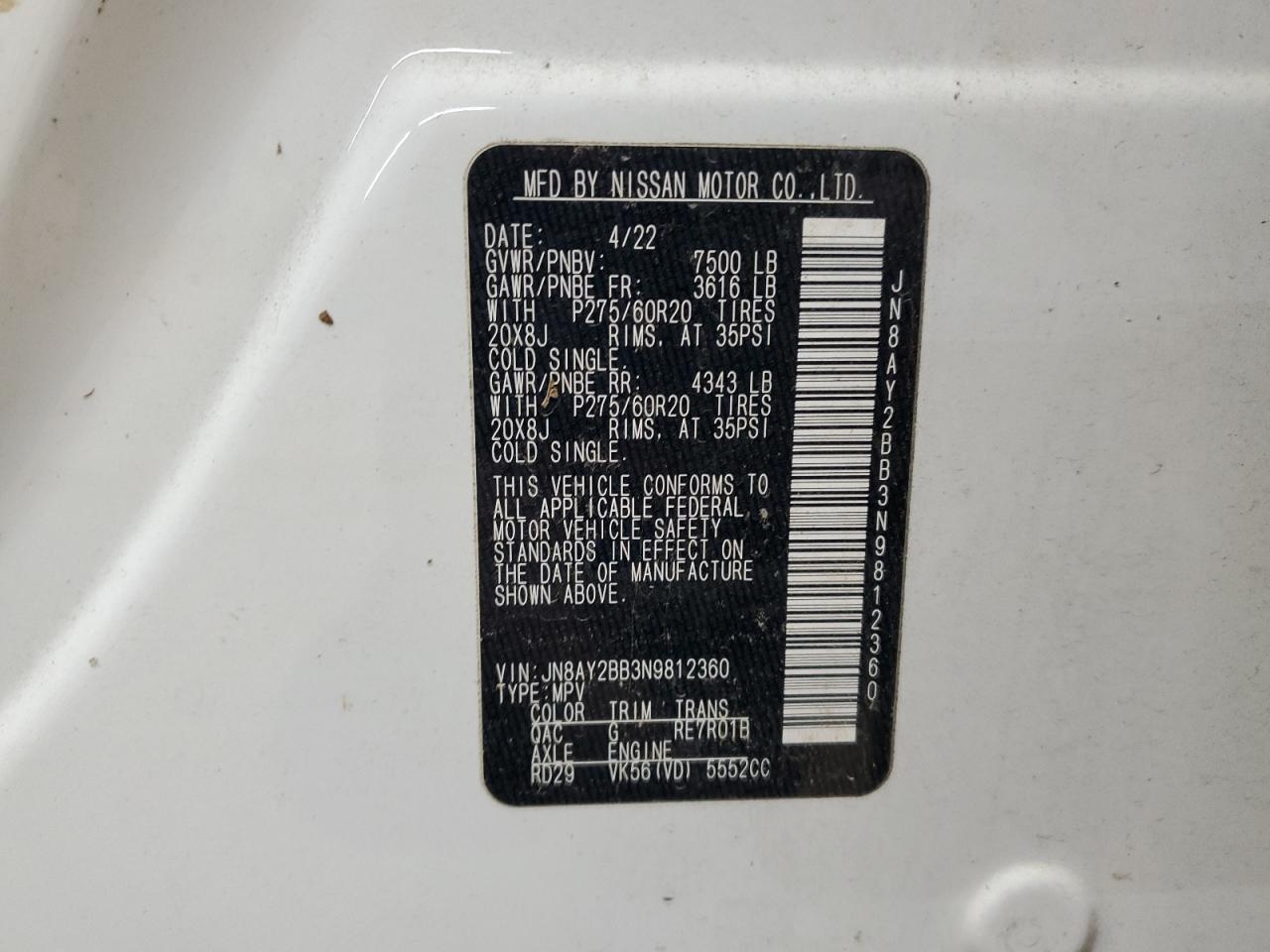 2022 NISSAN ARMADA SL VIN:JN8AY2BB3N9812360