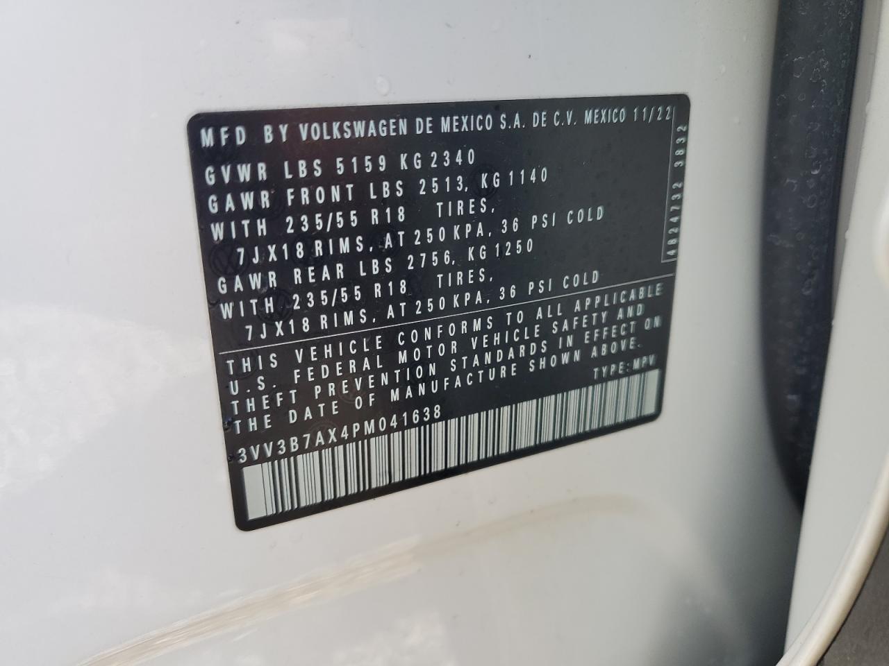 2023 VOLKSWAGEN TIGUAN SE VIN:3VV3B7AX4PM041638
