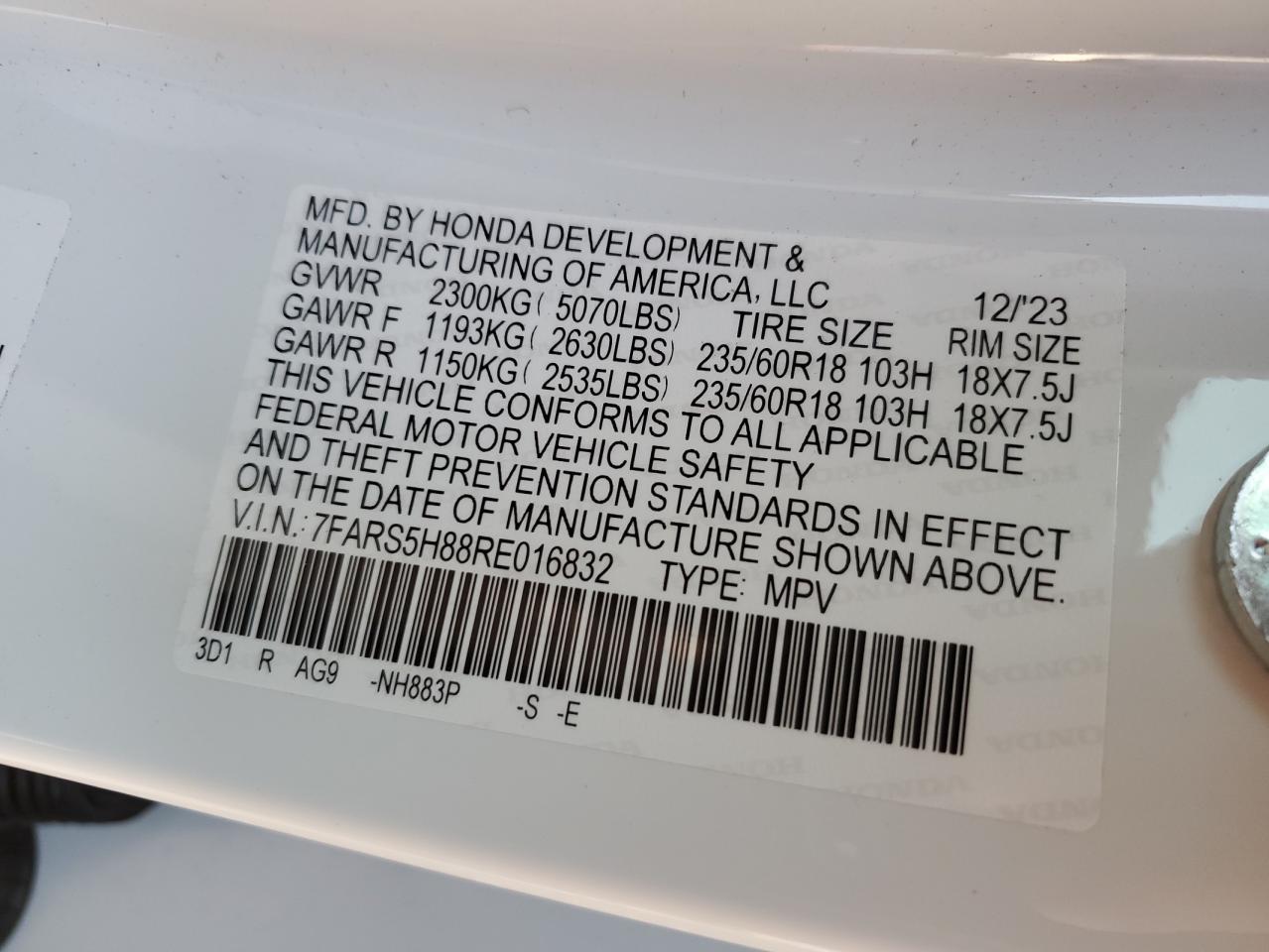 2024 HONDA CR-V SPORT-L VIN:7FARS5H88RE016832