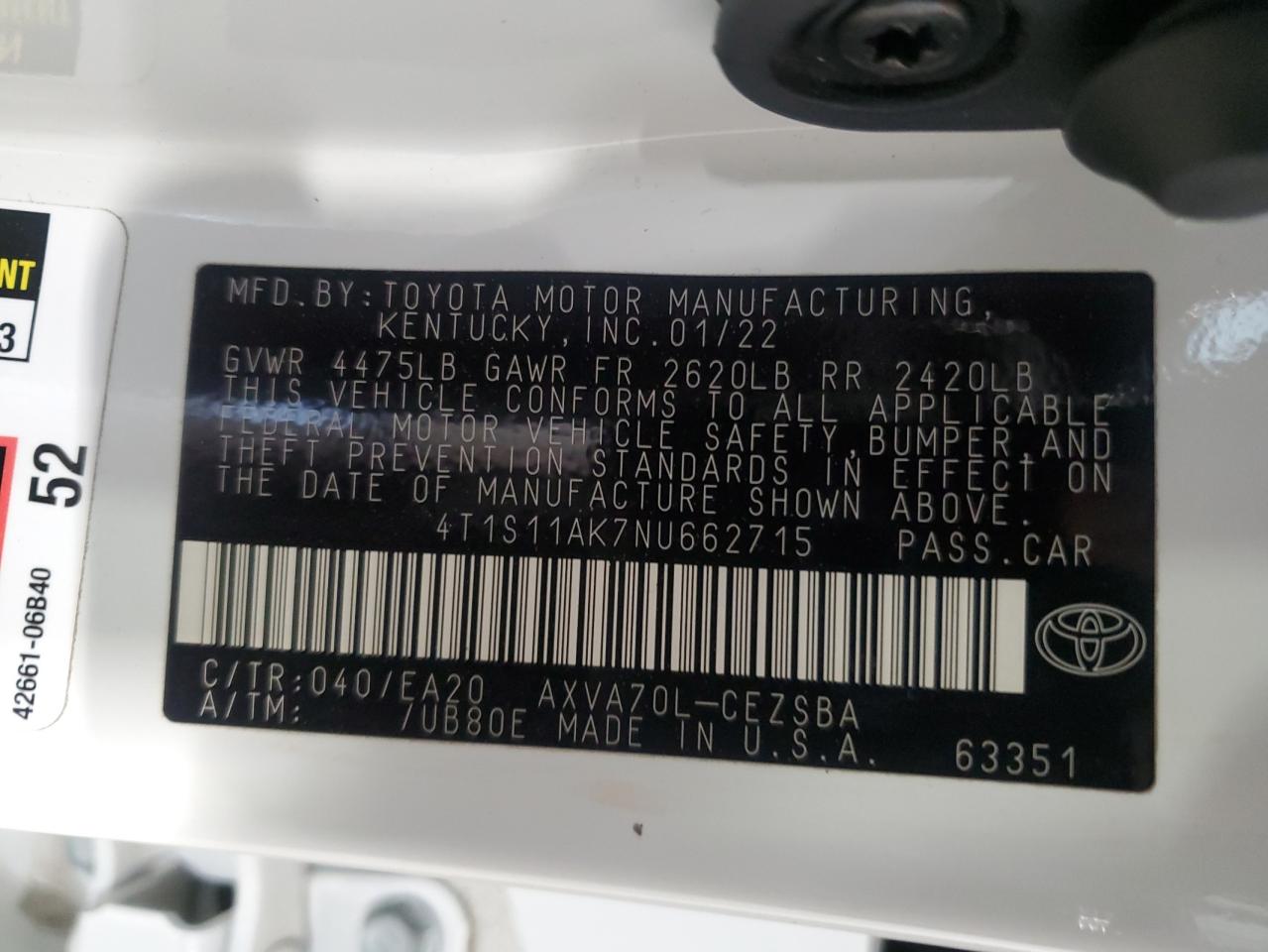 2022 TOYOTA CAMRY NIGHT SHADE VIN:4T1S11AK7NU662715