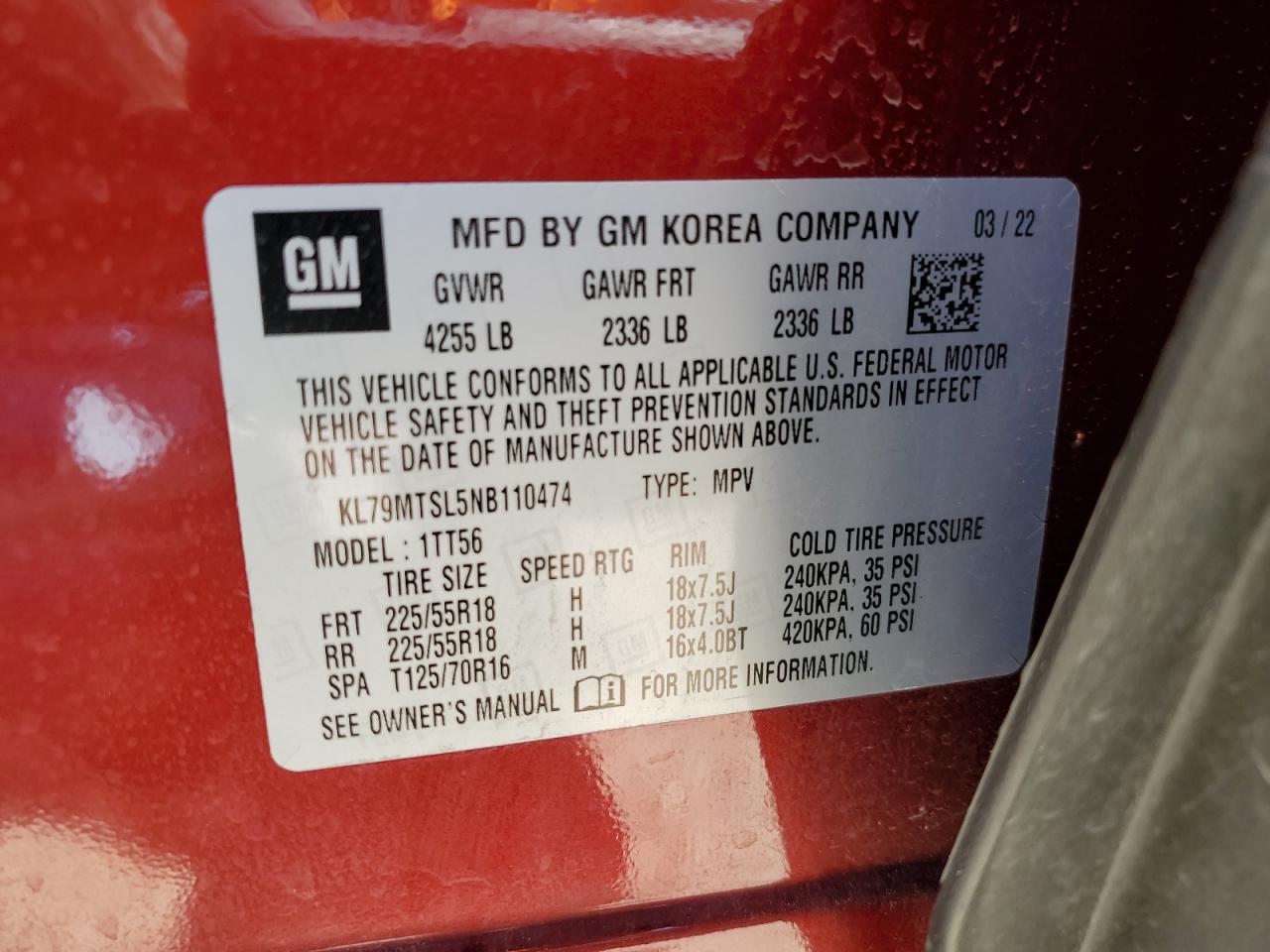 2022 CHEVROLET TRAILBLAZER RS VIN:KL79MTSL5NB110474