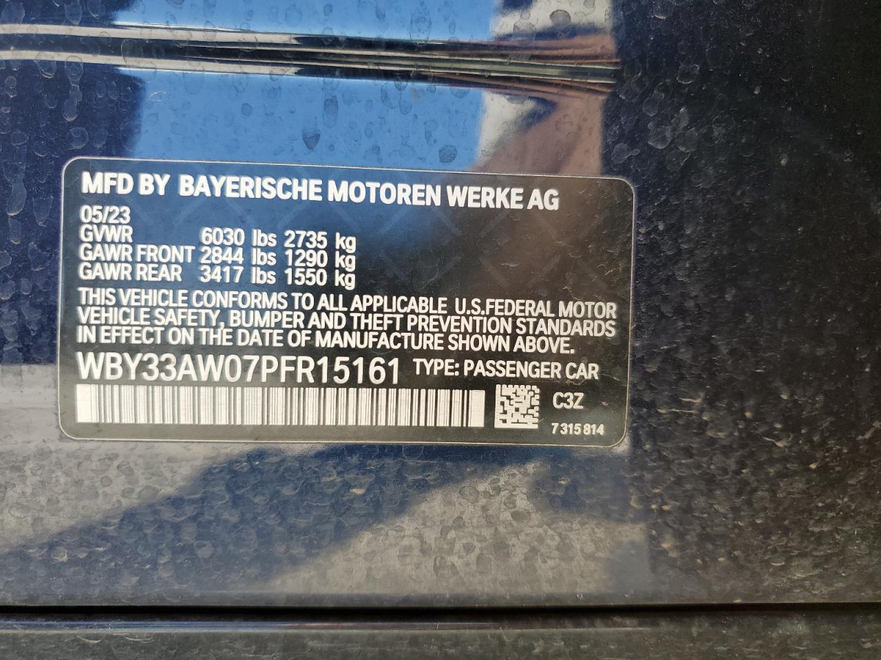 2023 BMW I4 M50 VIN:WBY33AW07PFR15161