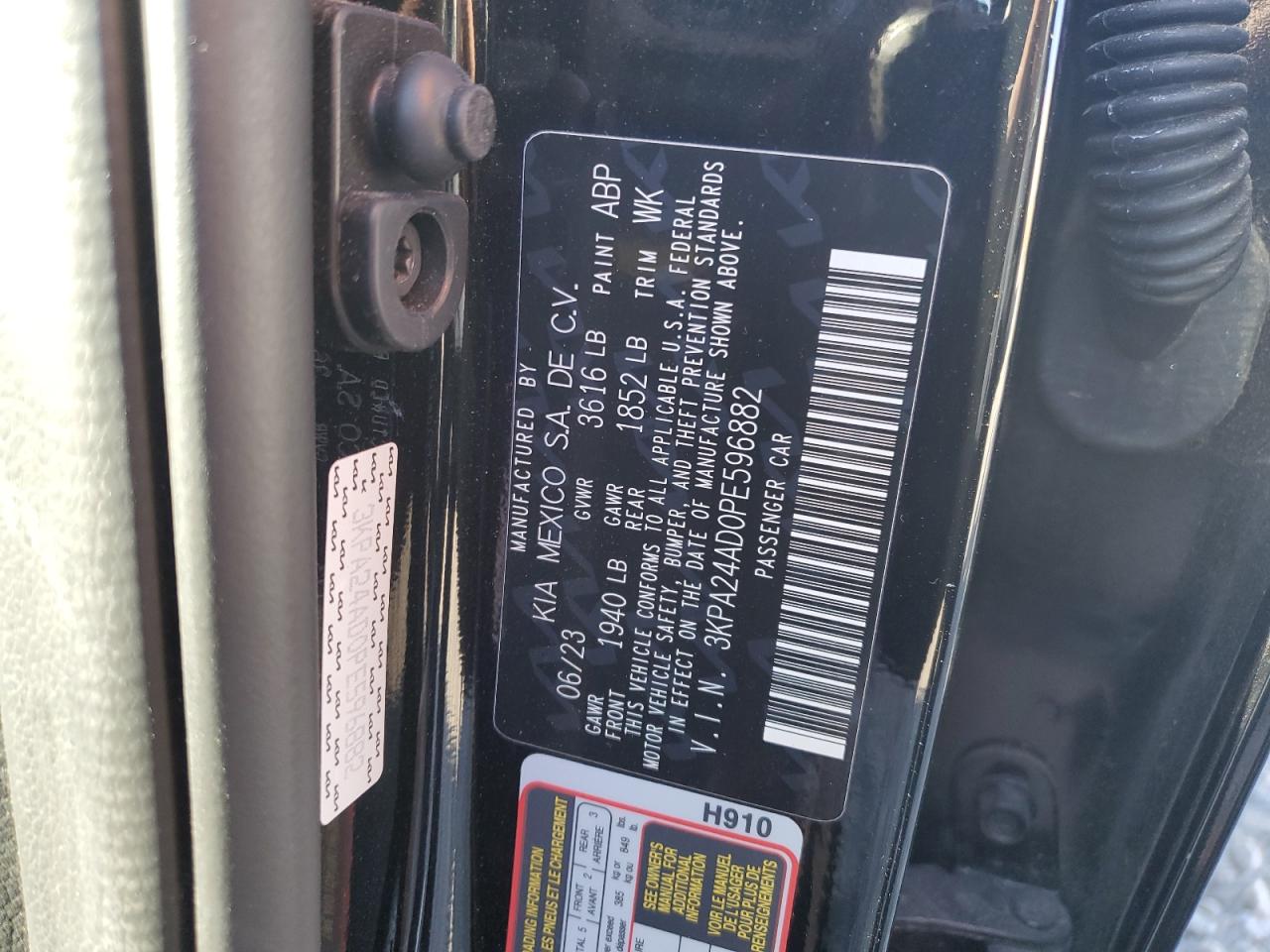 2023 KIA RIO LX VIN:3KPA24AD0PE596882
