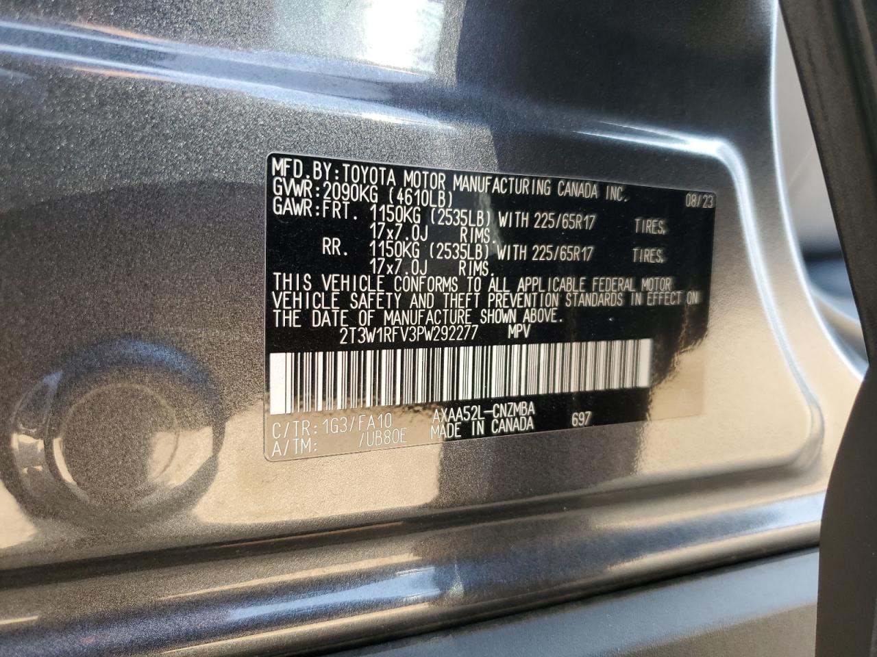 2023 TOYOTA RAV4 XLE VIN:2T3W1RFV3PW292277