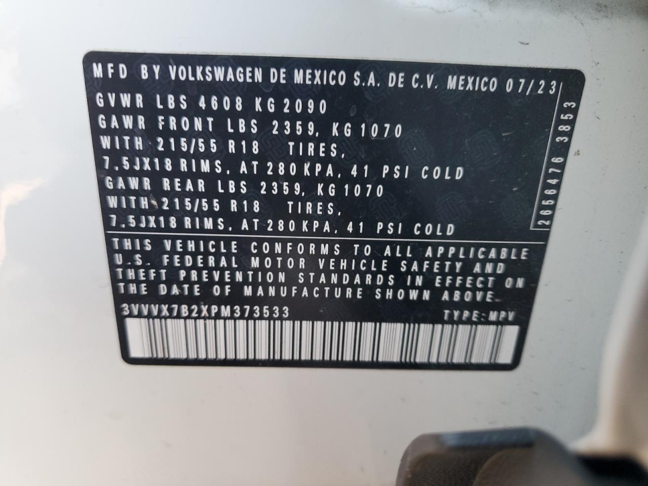 2023 VOLKSWAGEN TAOS SE VIN:3VVVX7B2XPM373533