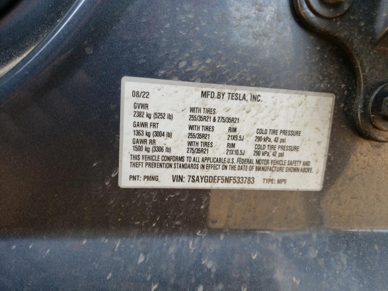 2022 TESLA MODEL Y VIN:7SAYGDEF5NF533783
