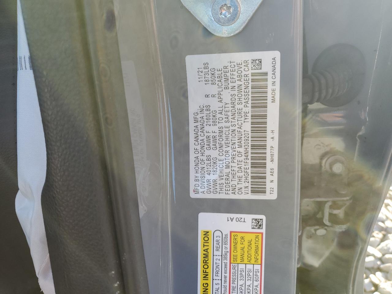 2022 HONDA CIVIC TOURING VIN:2HGFE1F94NH309207
